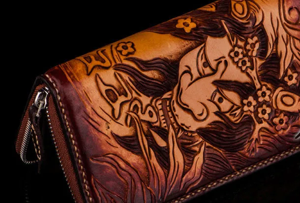 Handmade leather prajn???? biker wallet clutch zip long wallet brown leather men phone