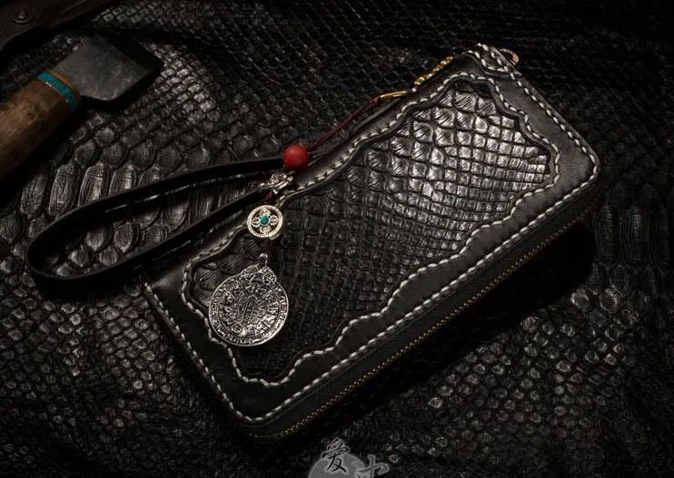 Handmade Leather Python Skin Mens Chain Biker Wallet Cool Leather Wallet Long Phone Wallets for Men