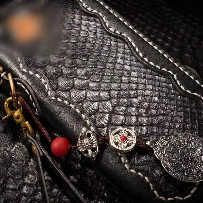 Handmade Leather Python Skin Mens Chain Biker Wallet Cool Leather Wallet Long Phone Wallets for Men