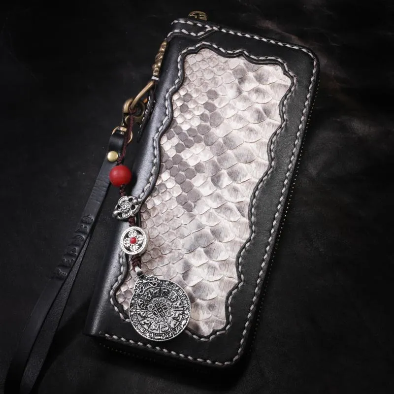 Handmade Leather Python Skin Mens Chain Biker Wallet Cool Leather Wallet Long Phone Wallets for Men