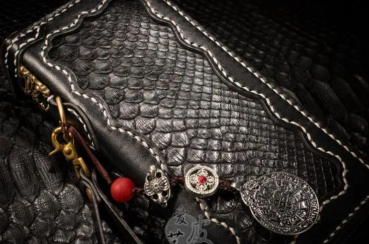 Handmade Leather Python Skin Mens Chain Biker Wallet Cool Leather Wallet Long Phone Wallets for Men