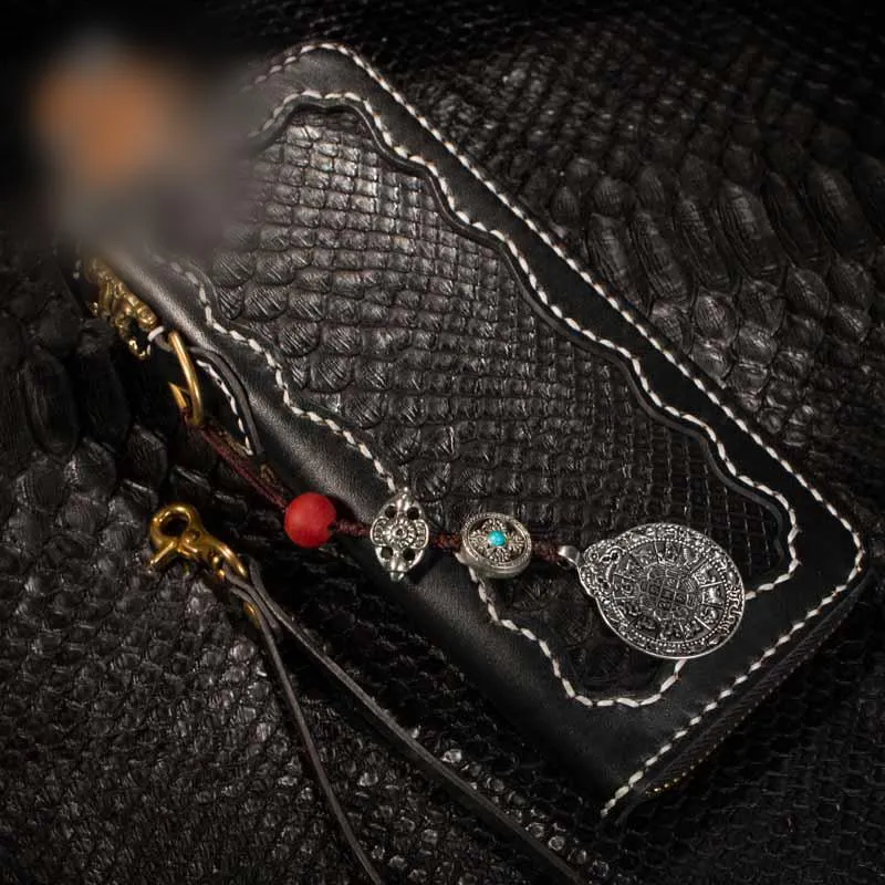 Handmade Leather Python Skin Mens Chain Biker Wallet Cool Leather Wallet Long Phone Wallets for Men