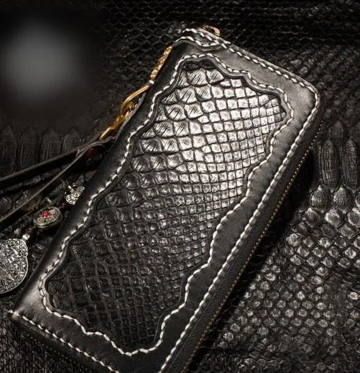 Handmade Leather Python Skin Mens Chain Biker Wallet Cool Leather Wallet Long Phone Wallets for Men