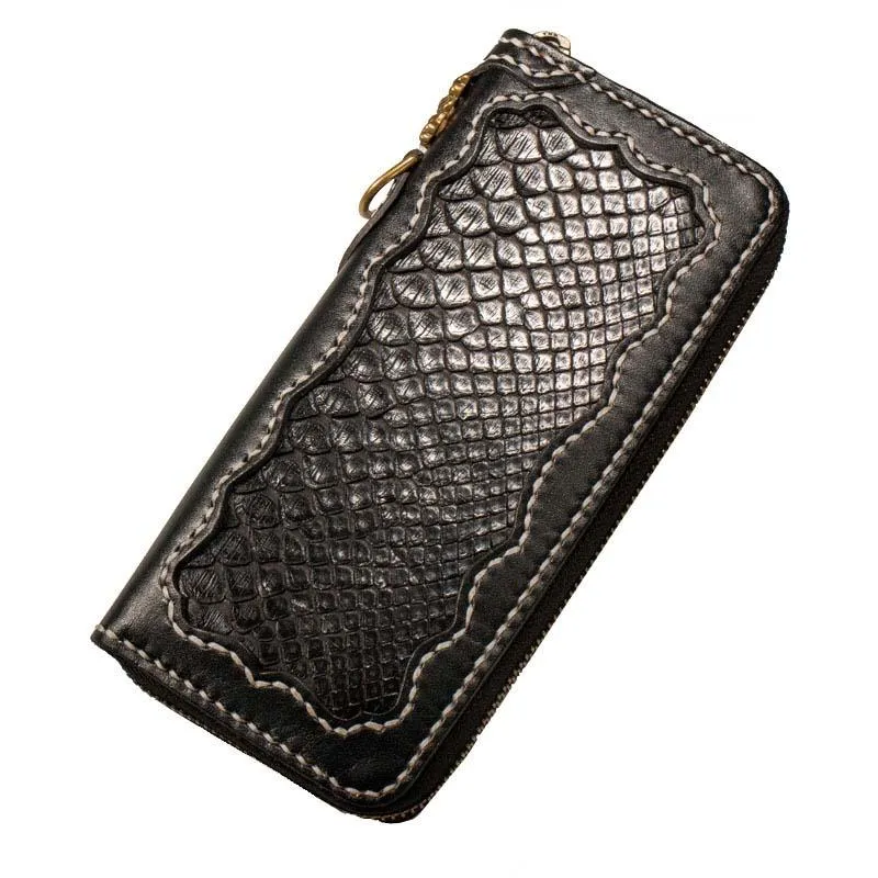 Handmade Leather Python Skin Mens Chain Biker Wallet Cool Leather Wallet Long Phone Wallets for Men