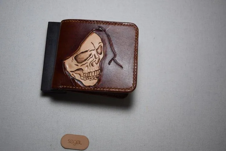 Handmade Leather Skull Death Tooled Mens billfold Wallet Cool Leather Wallet Slim Wallet for Men
