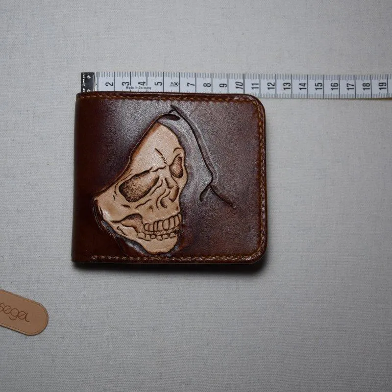Handmade Leather Skull Death Tooled Mens billfold Wallet Cool Leather Wallet Slim Wallet for Men