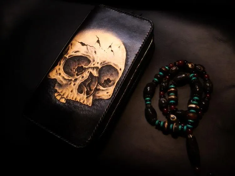 Handmade Leather Skull Double Zipper Mens Long Wallet Clutch Cool Leather Wallet Long Tooled Wallets for Men