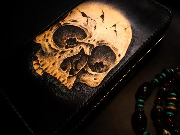 Handmade Leather Skull Double Zipper Mens Long Wallet Clutch Cool Leather Wallet Long Tooled Wallets for Men