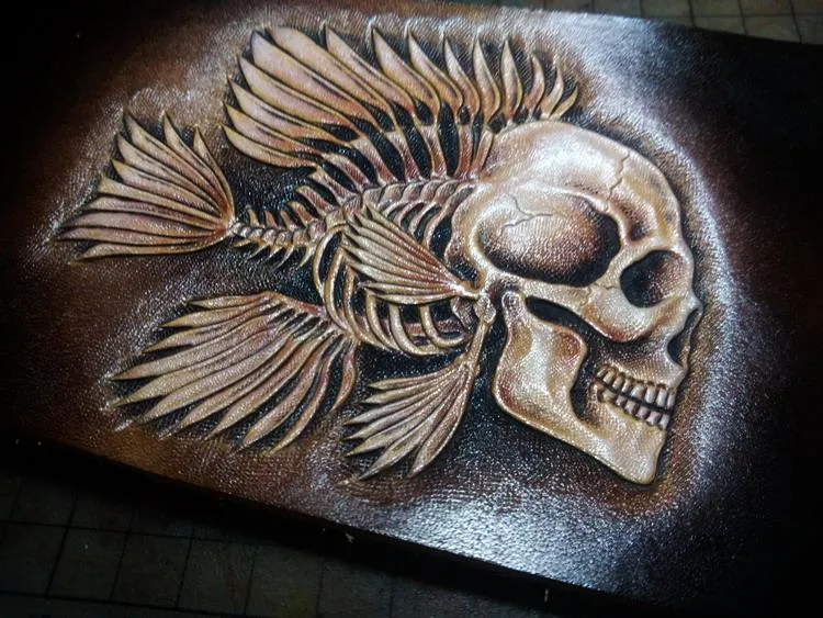 Handmade Leather Skull Fish Tooled Mens billfold Wallet Cool Leather Wallet Slim Wallet for Men