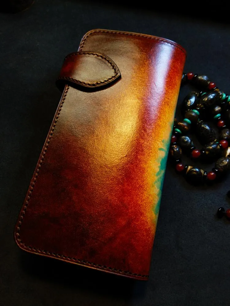 Handmade Leather Skull Indian Mens Chain Wallet Biker Wallet Cool Leather Wallet Long Tooled Wallets for Men