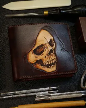 Handmade Leather Skull Tooled Mens Billfold Wallet Death Leather Wallet Slim Wallet for Men