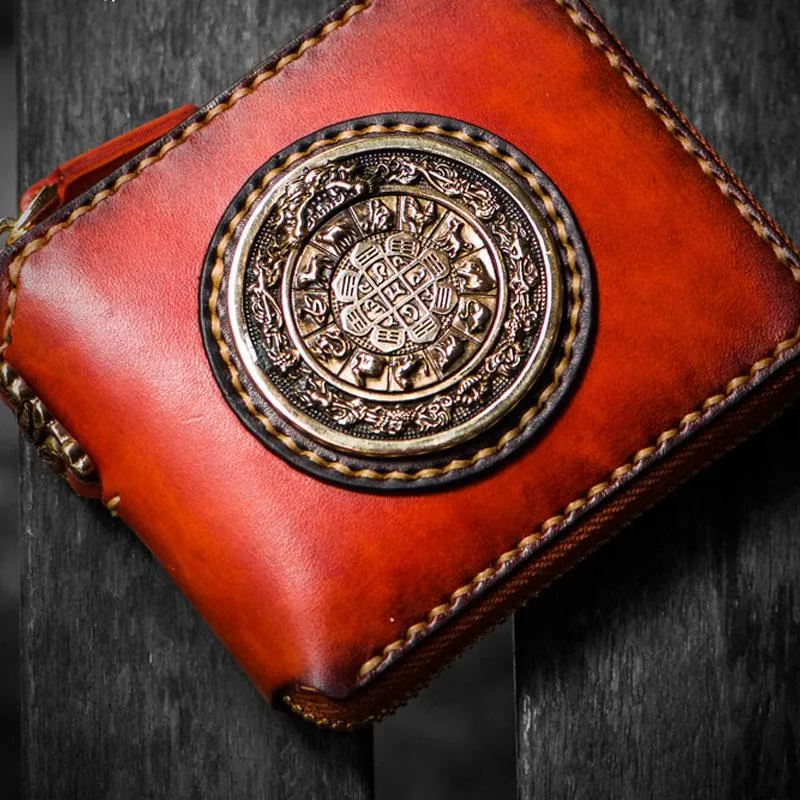 Handmade Leather Small Tibetan Tooled Mens billfold Wallets Cool Chain Wallet Biker Wallet for Men