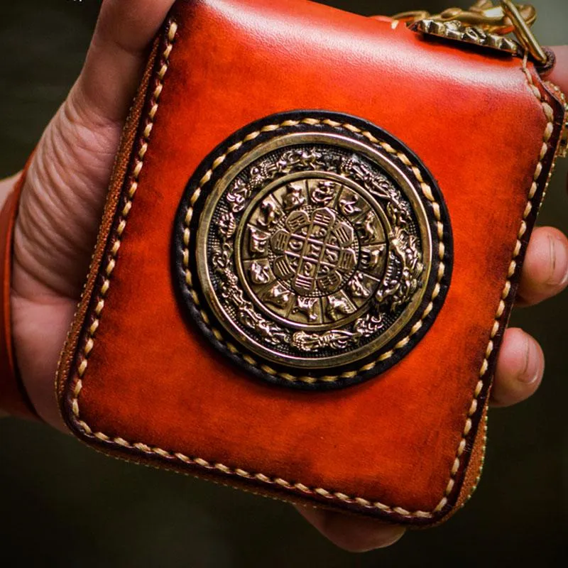 Handmade Leather Small Tibetan Tooled Mens billfold Wallets Cool Chain Wallet Biker Wallet for Men