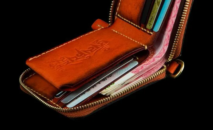 Handmade Leather Small Tibetan Tooled Mens billfold Wallets Cool Chain Wallet Biker Wallet for Men