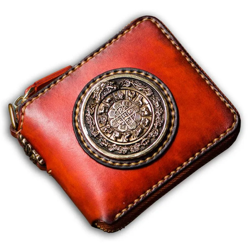 Handmade Leather Small Tibetan Tooled Mens billfold Wallets Cool Chain Wallet Biker Wallet for Men