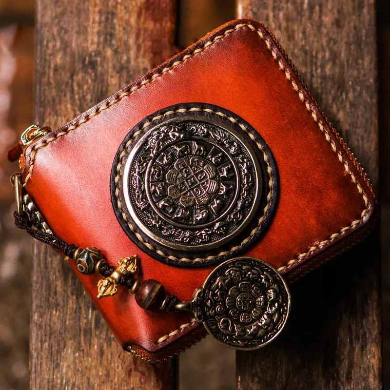 Handmade Leather Small Tibetan Tooled Mens billfold Wallets Cool Chain Wallet Biker Wallet for Men