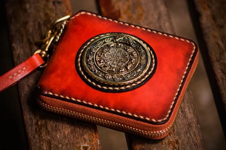 Handmade Leather Small Tibetan Tooled Mens billfold Wallets Cool Chain Wallet Biker Wallet for Men