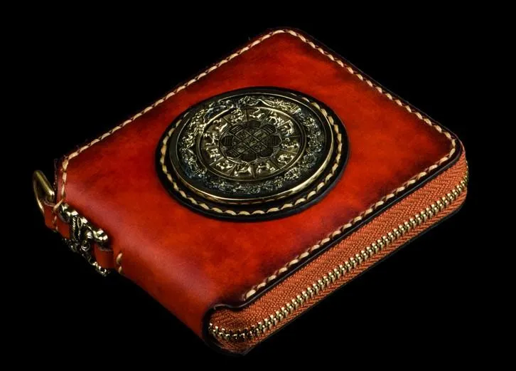 Handmade Leather Small Tibetan Tooled Mens billfold Wallets Cool Chain Wallet Biker Wallet for Men