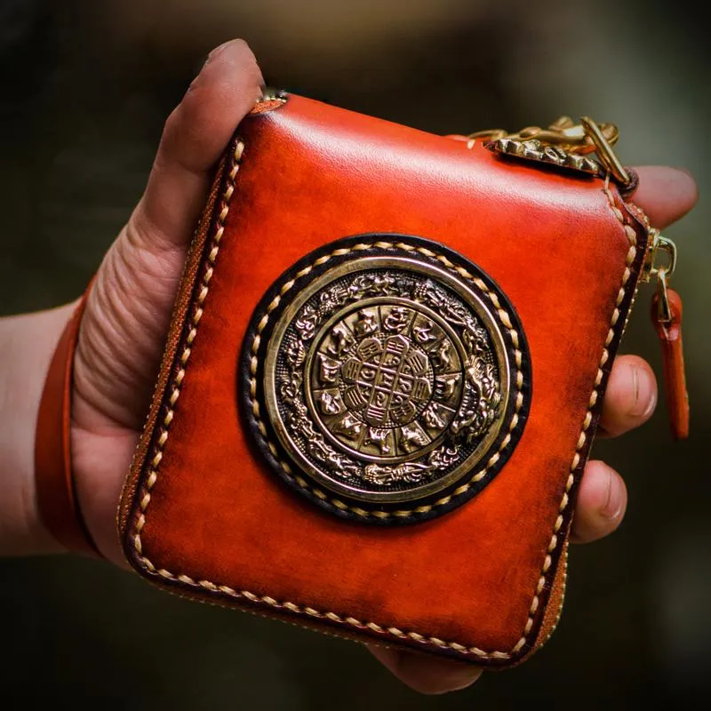 Handmade Leather Small Tibetan Tooled Mens billfold Wallets Cool Chain Wallet Biker Wallet for Men