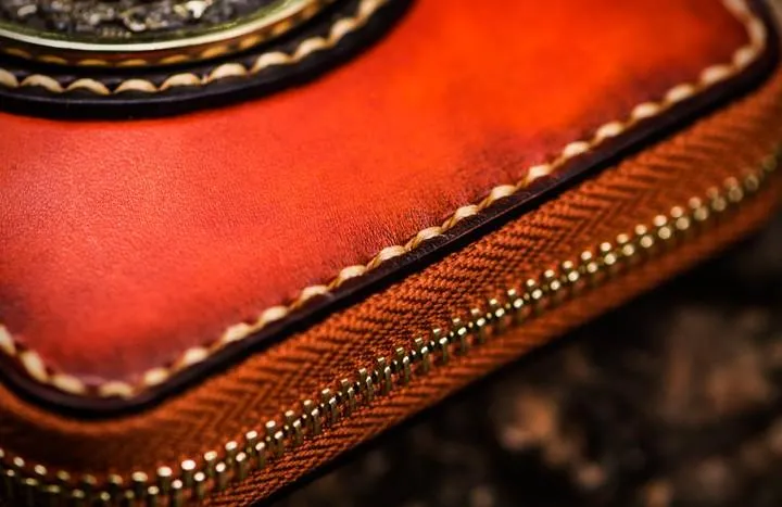 Handmade Leather Small Tibetan Tooled Mens billfold Wallets Cool Chain Wallet Biker Wallet for Men