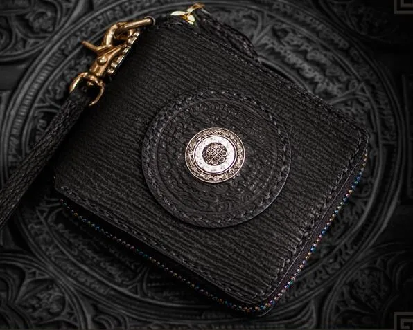 Handmade Leather Small Tooled Mens billfold Chain Wallet Cool Chain Wallet Biker Wallet for Men
