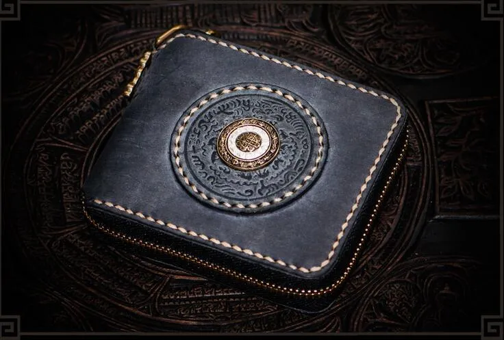 Handmade Leather Tibetan Mens billfold Wallet Cool Chain Wallet Biker Wallet for Men