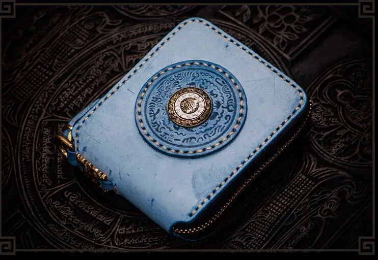 Handmade Leather Tibetan Mens billfold Wallet Cool Chain Wallet Biker Wallet for Men