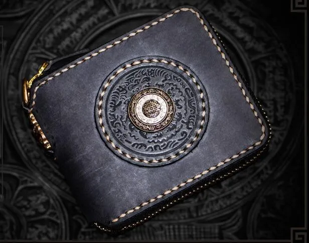Handmade Leather Tibetan Mens billfold Wallet Cool Chain Wallet Biker Wallet for Men