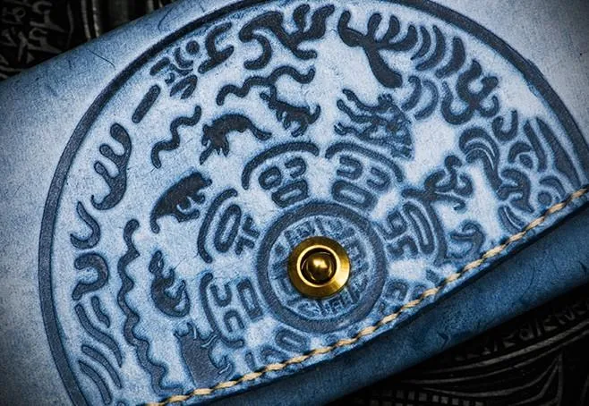 Handmade Leather Tooled Blue Women Envelope Vintage Leather Wallet Long Phone Clutch Wallets for Women