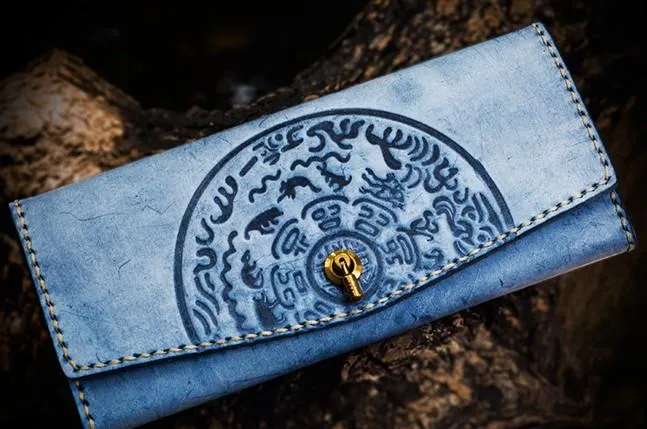 Handmade Leather Tooled Blue Women Envelope Vintage Leather Wallet Long Phone Clutch Wallets for Women