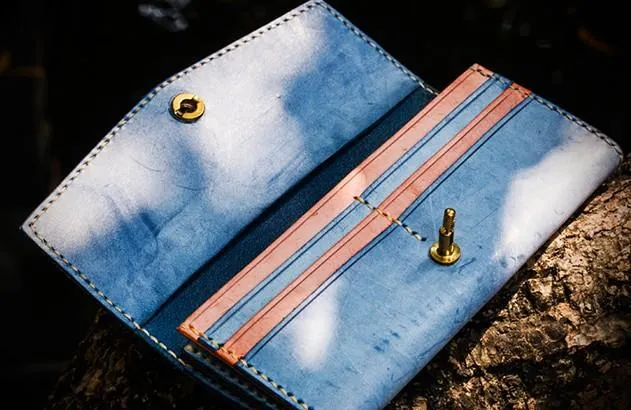 Handmade Leather Tooled Blue Women Envelope Vintage Leather Wallet Long Phone Clutch Wallets for Women