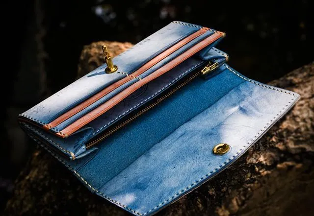 Handmade Leather Tooled Blue Women Envelope Vintage Leather Wallet Long Phone Clutch Wallets for Women