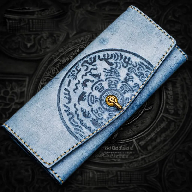 Handmade Leather Tooled Blue Women Envelope Vintage Leather Wallet Long Phone Clutch Wallets for Women