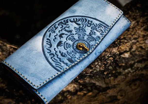Handmade Leather Tooled Blue Women Envelope Vintage Leather Wallet Long Phone Clutch Wallets for Women
