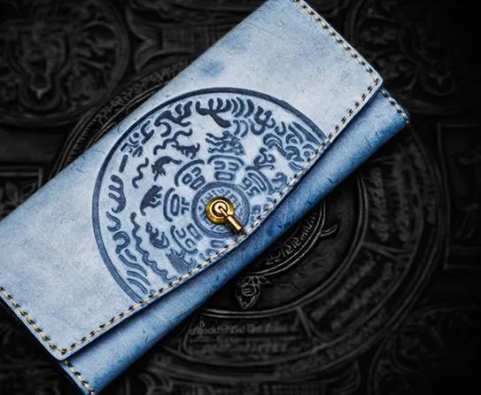 Handmade Leather Tooled Blue Women Envelope Vintage Leather Wallet Long Phone Clutch Wallets for Women
