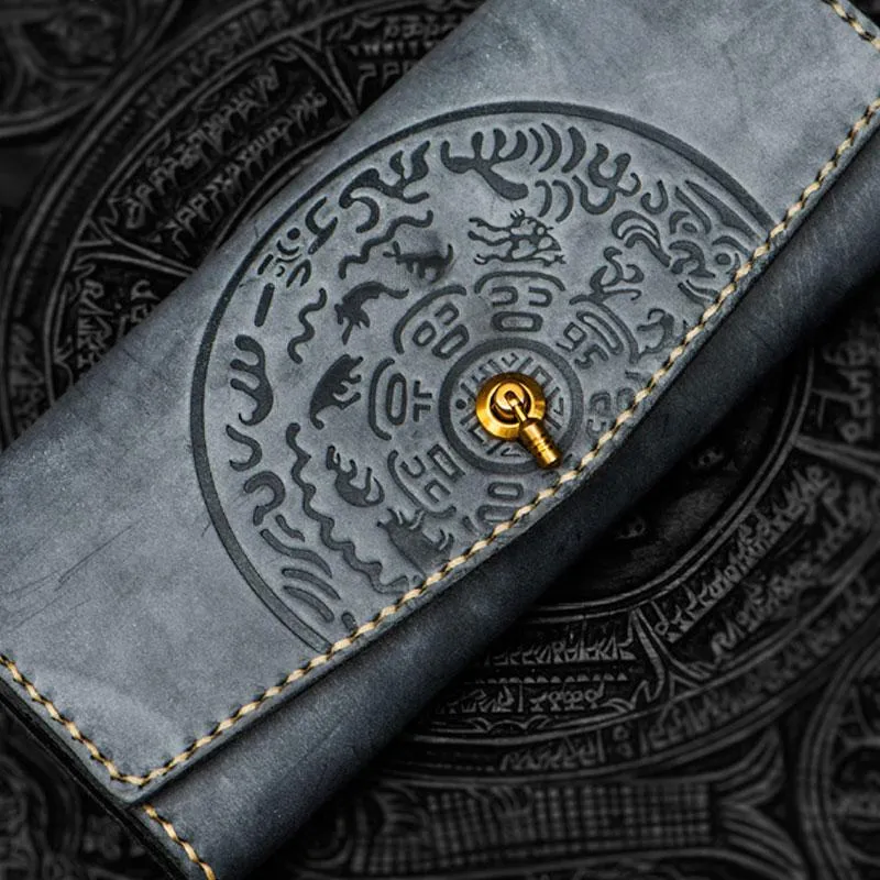 Handmade Leather Tooled Blue Women Envelope Vintage Leather Wallet Long Phone Clutch Wallets for Women