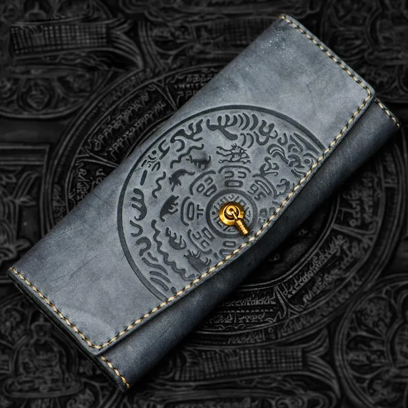 Handmade Leather Tooled Blue Women Envelope Vintage Leather Wallet Long Phone Clutch Wallets for Women