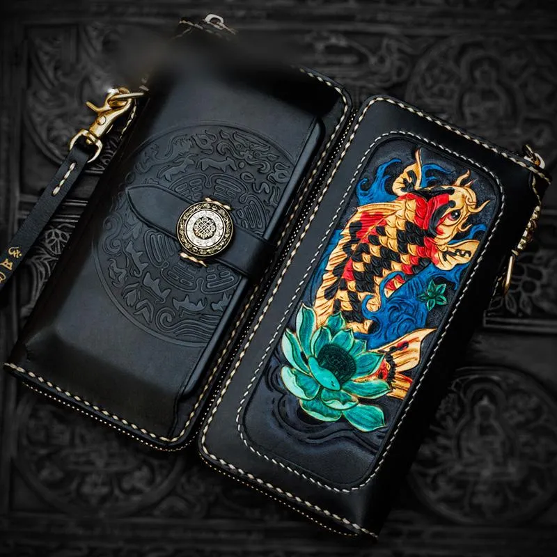 Handmade Leather Tooled Carp Mens Chain Biker Wallet Cool Leather Wallet Long Phone Wallets for Men
