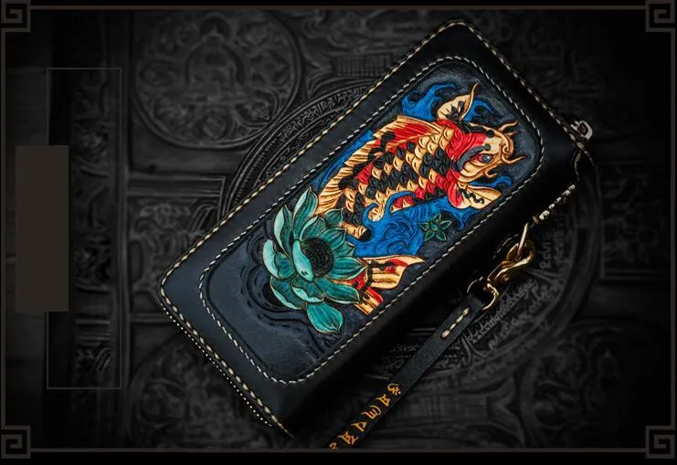 Handmade Leather Tooled Carp Mens Chain Biker Wallet Cool Leather Wallet Long Phone Wallets for Men