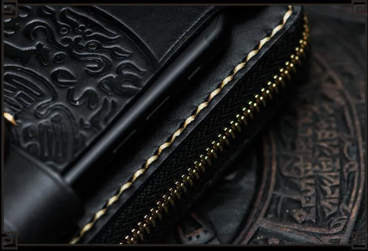 Handmade Leather Tooled Carp Mens Chain Biker Wallet Cool Leather Wallet Long Phone Wallets for Men