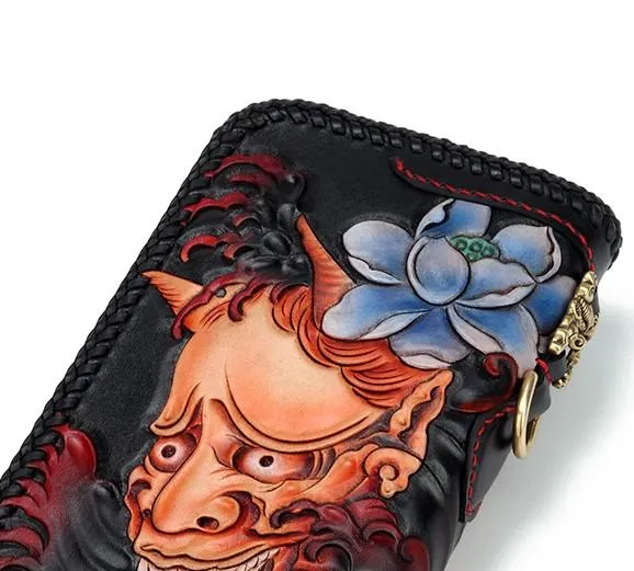 Handmade Leather Tooled Carp Prajna Mens Chain Biker Wallet Cool Leather Wallet Zipper Long Phone Wallets for Men