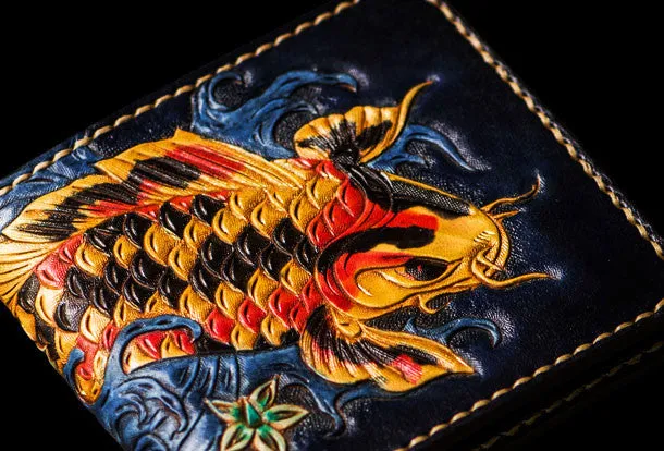 Handmade leather tooled fish carp wallet clutch black billfold wallet brown leather men