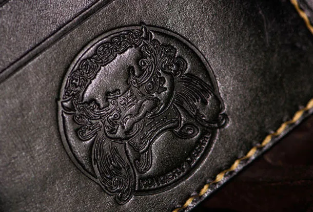 Handmade leather tooled fish carp wallet clutch black billfold wallet brown leather men