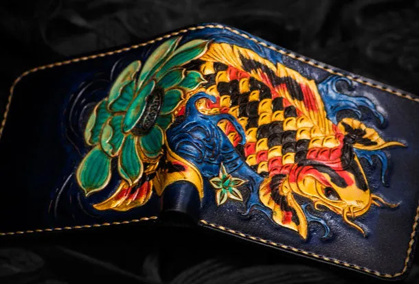 Handmade leather tooled fish carp wallet clutch black billfold wallet brown leather men