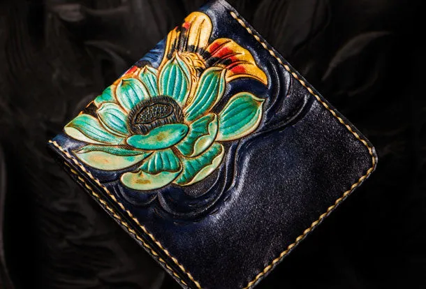 Handmade leather tooled fish carp wallet clutch black billfold wallet brown leather men
