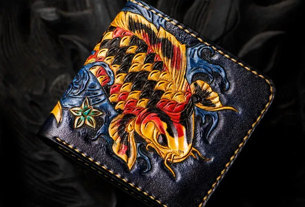 Handmade leather tooled fish carp wallet clutch black billfold wallet brown leather men