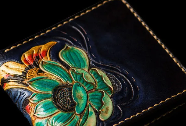 Handmade leather tooled fish carp wallet clutch black billfold wallet brown leather men