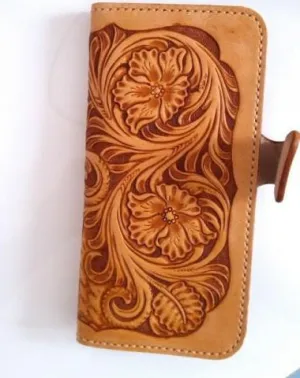 Handmade Leather Tooled Floral Mens Long Wallet Cool Long Wallet for Men