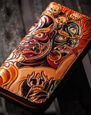 Handmade Leather Tooled Mah??k??la Mens Zipper Long Wallet Cool Leather Wristlet Wallet for Men