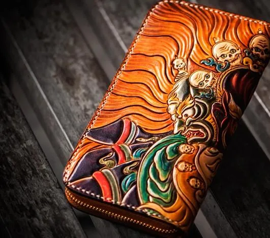 Handmade Leather Tooled Mah??k??la Mens Zipper Long Wallet Cool Leather Wristlet Wallet for Men